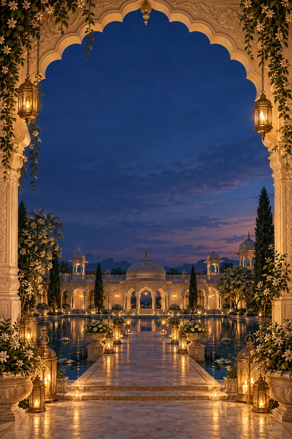 An illustrated palace courtyard framed by a golden arch